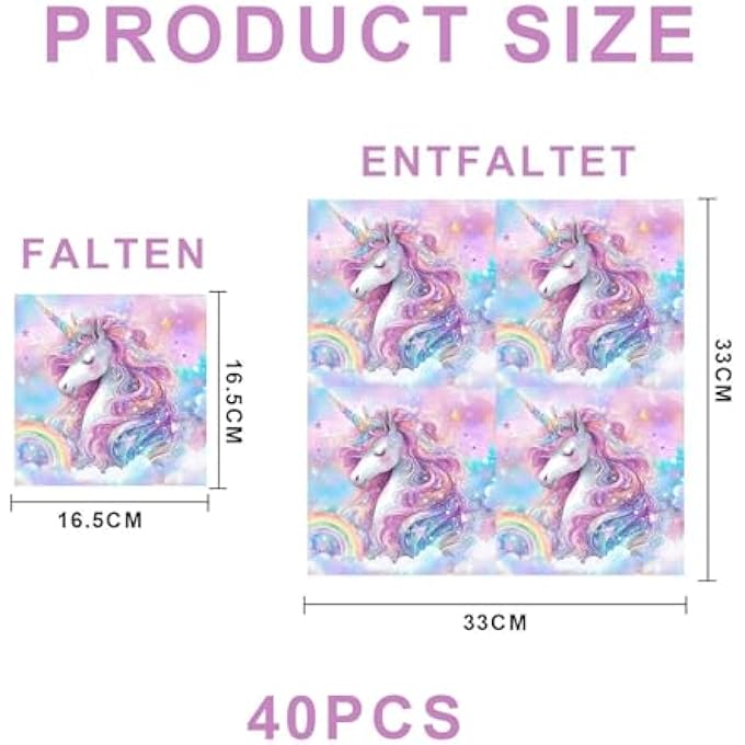 40 RAINBOW HORSE NAPKINS, ACCESSORIES FOR BIRTHDAY PARTIES FOR GIRLS, CUTE CARTOON PATTERN, SUITABLE FOR CHILDREN'S PARTIES, TABLE LAYOUT - Image 2